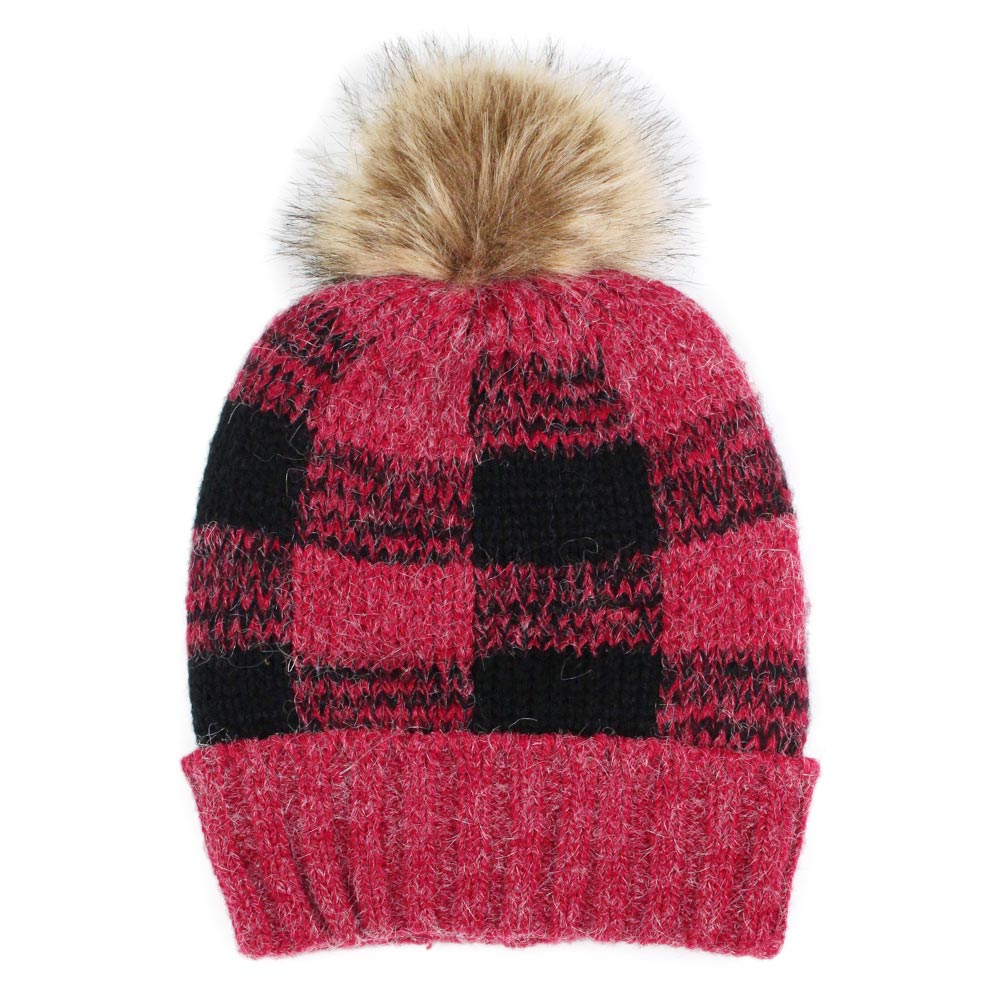 HATEGORY Buffalo Check Pattern Faux Pom Pom Knit Beanie Hat