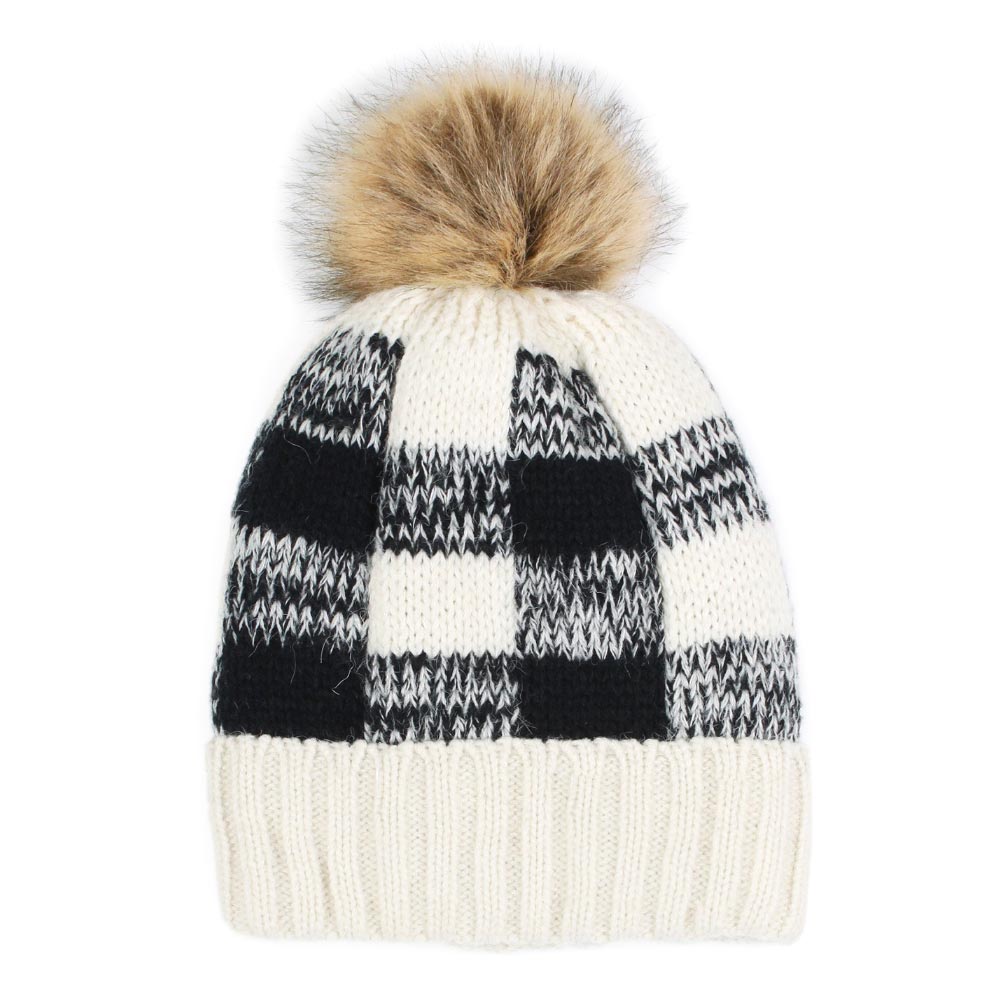 HATEGORY Buffalo Check Pattern Faux Pom Pom Knit Beanie Hat