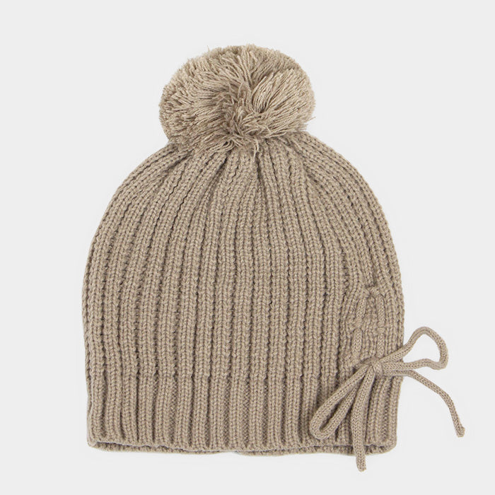 HATEGORY Cable Knit Lace Up Pom Pom Beanie