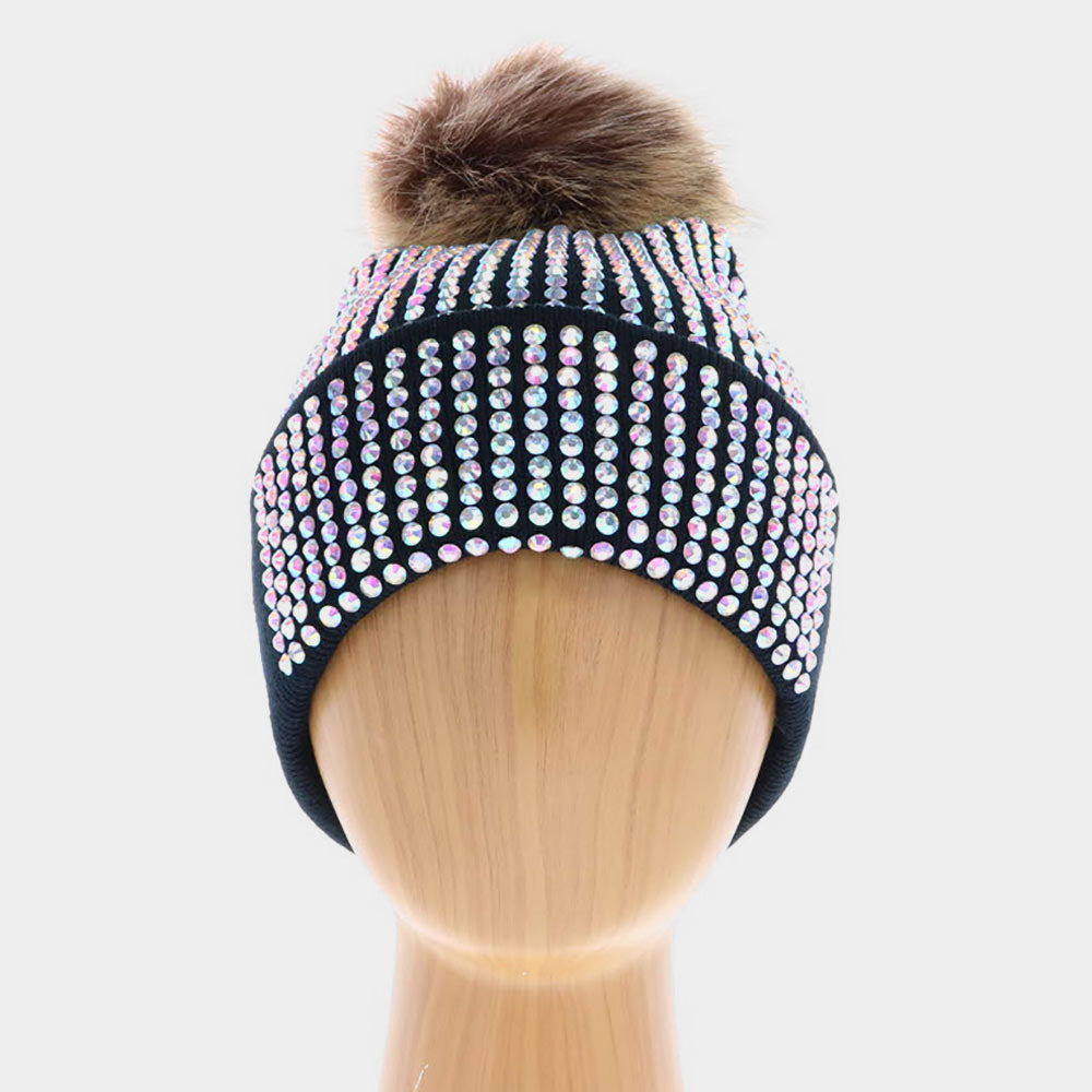 HATEGORY Double Layer Bedazzled Cuffed Pom Pom Beanie Hat