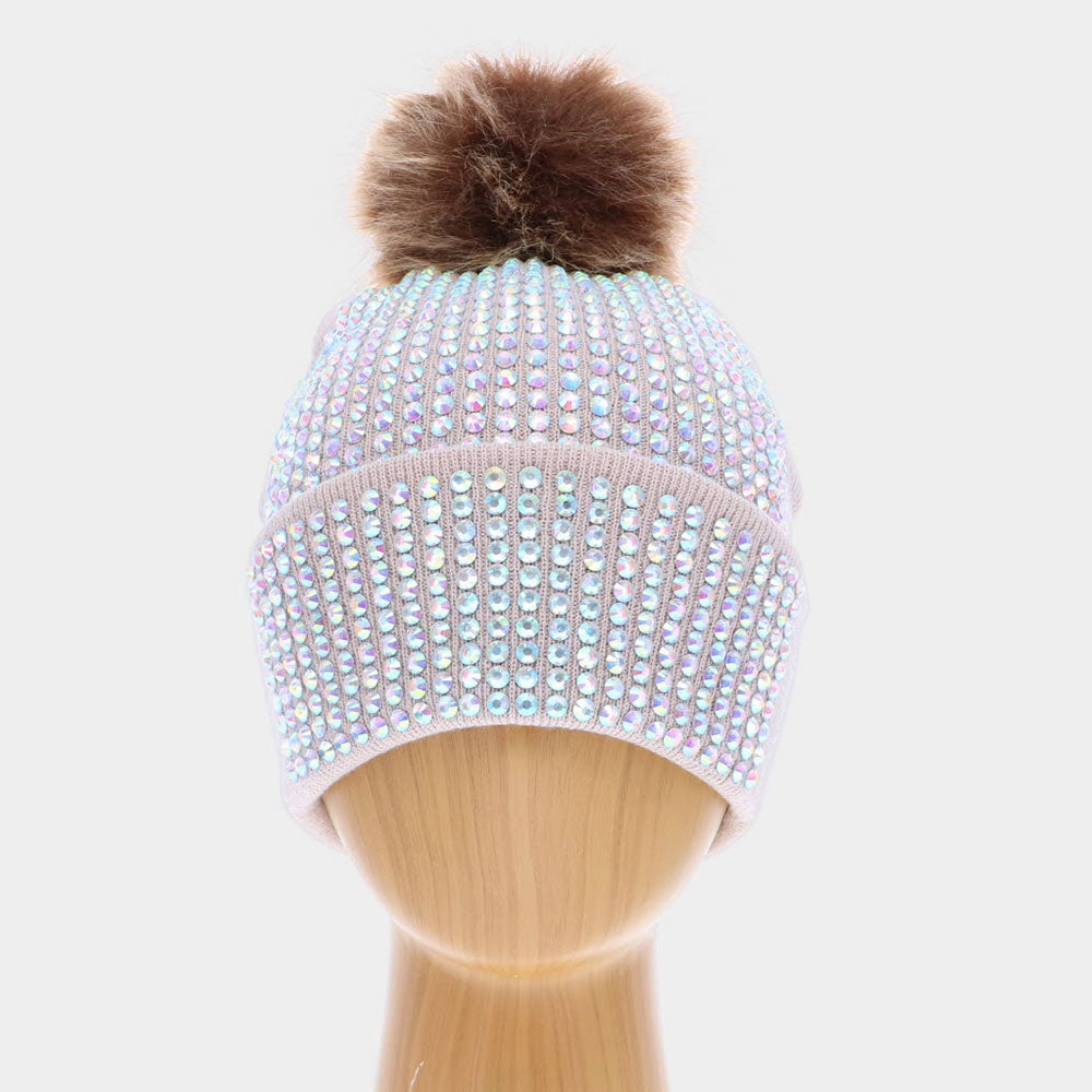 HATEGORY Double Layer Bedazzled Cuffed Pom Pom Beanie Hat
