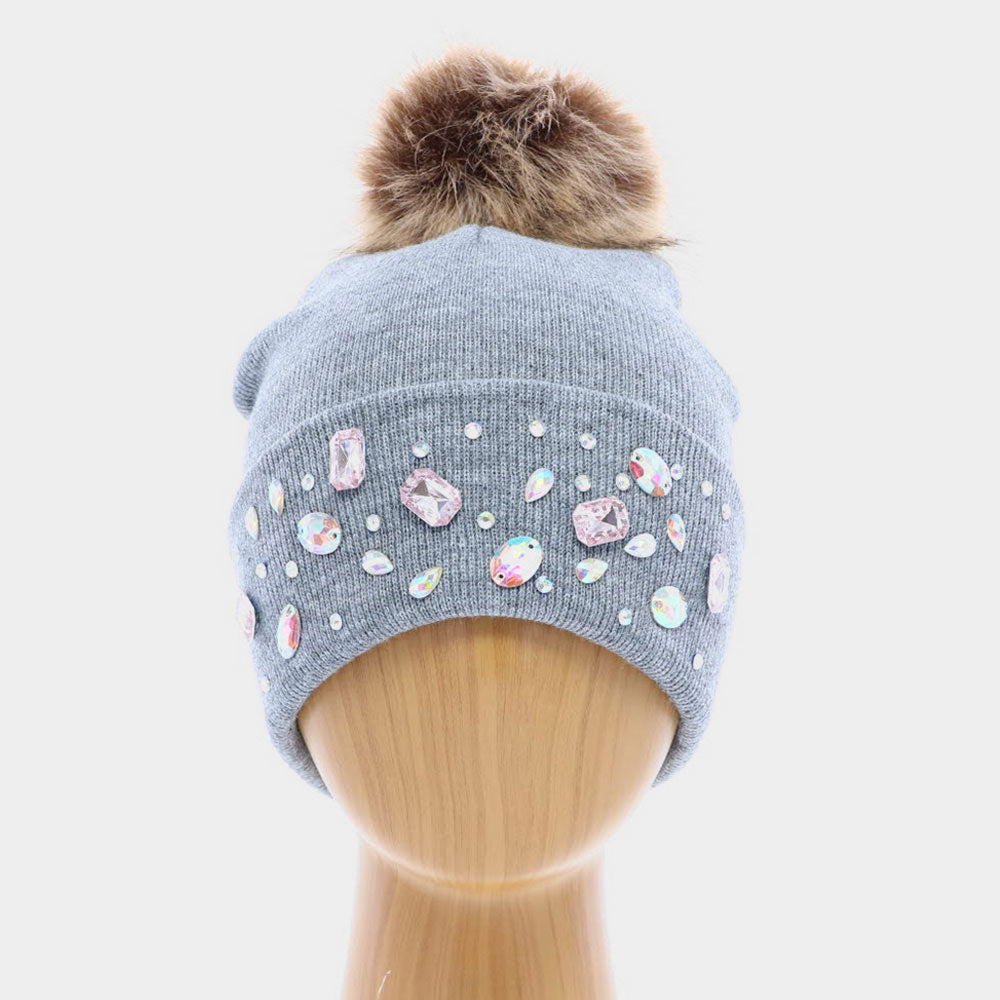 HATEGORY Double Layer Be Jeweled Knitted Cuffed Pom Pom Beanie Hat