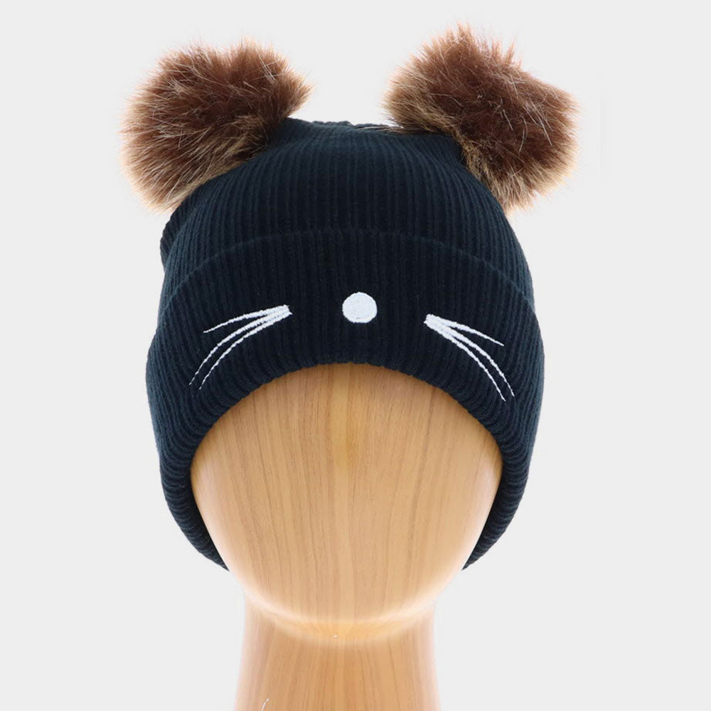 HATEGORY Cat Whiskers and Double Pom Pom Cuffed Beanie Hat