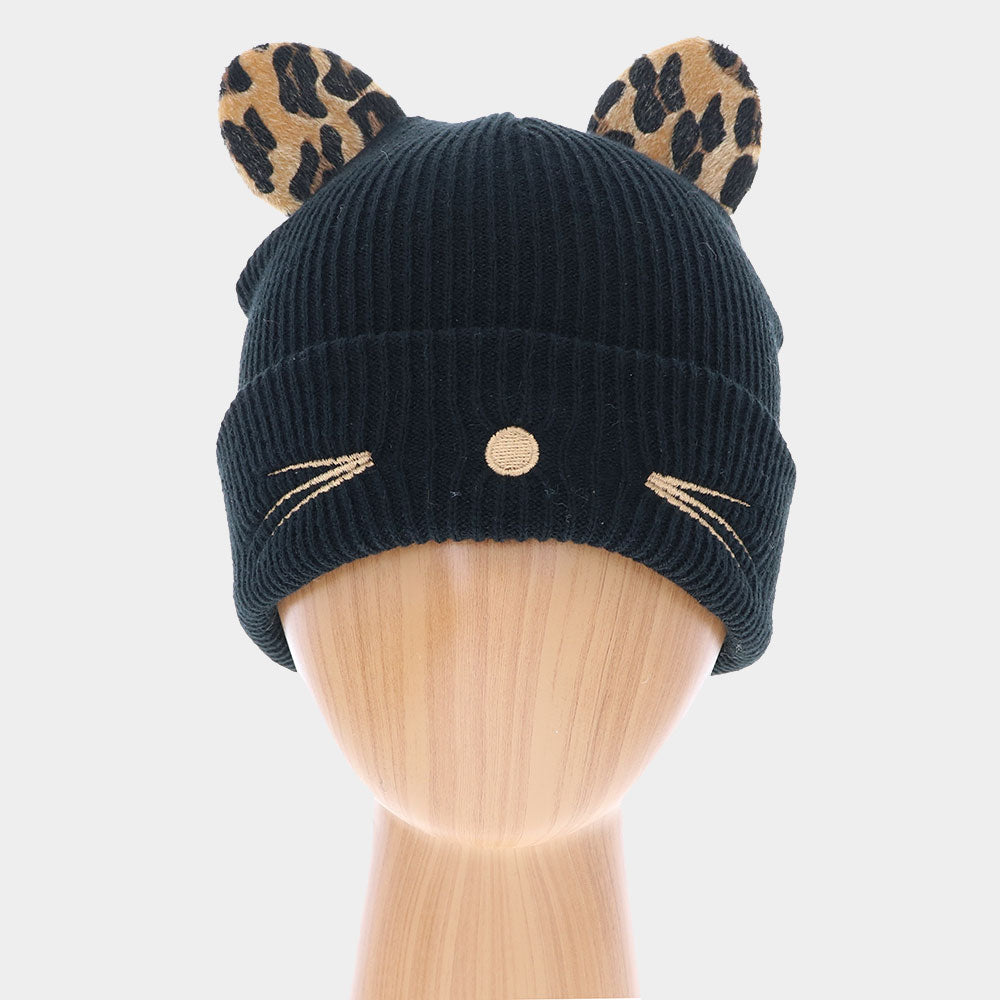 HATEGORY Cable Knit Leopard Pattern Cat Ear Beanie Hat