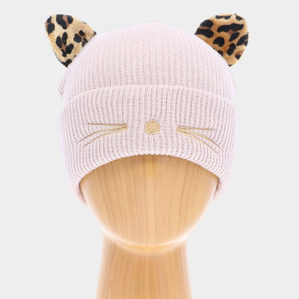 HATEGORY Cable Knit Leopard Pattern Cat Ear Beanie Hat