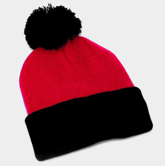 HATEGORY Pom Pom Color Block Fold Over Knit Beanie Hat