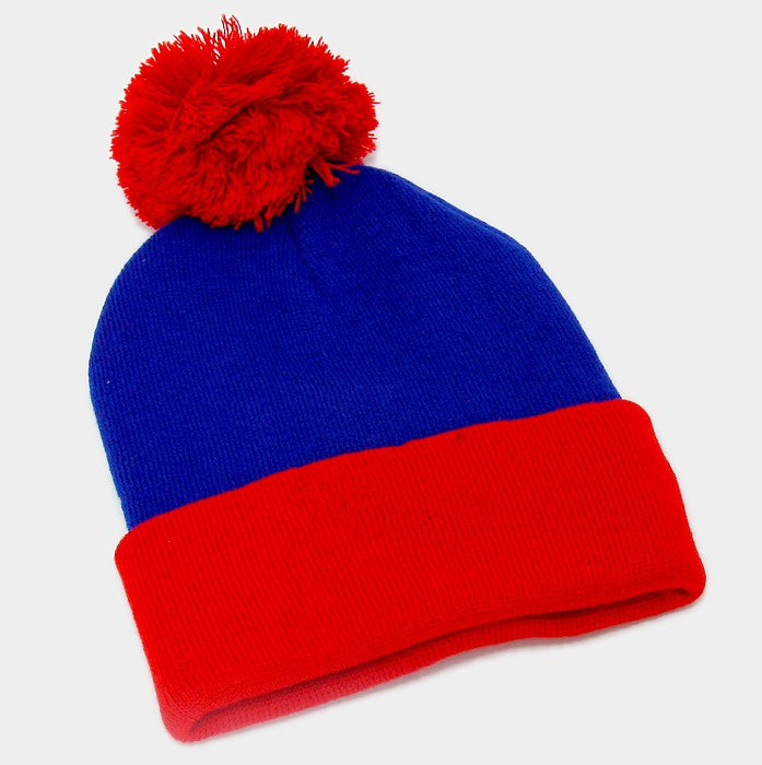 HATEGORY Pom Pom Color Block Fold Over Knit Beanie Hat