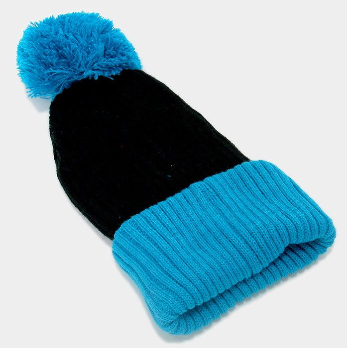 HATEGORY Pom Pom Color Block Fold Over Knit Beanie Hat
