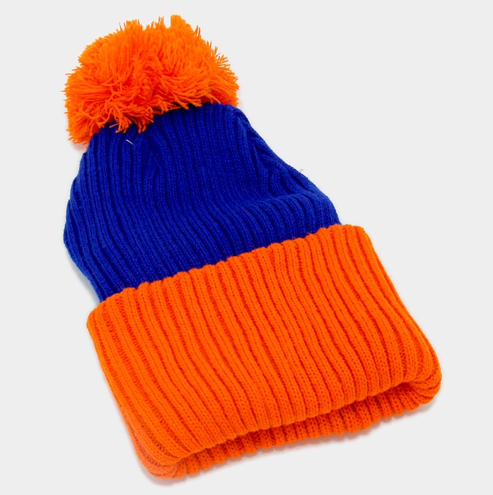 HATEGORY Pom Pom Color Block Fold Over Knit Beanie Hat