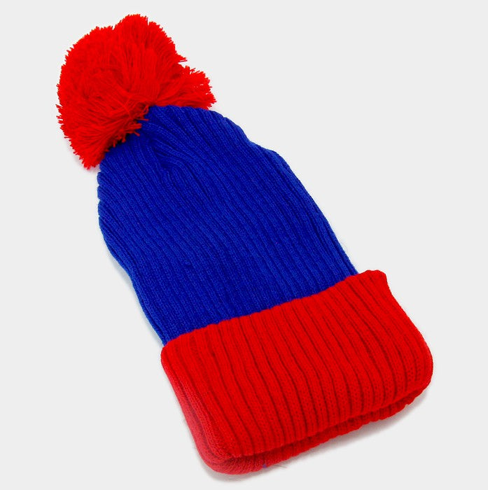 HATEGORY Pom Pom Color Block Fold Over Knit Beanie Hat