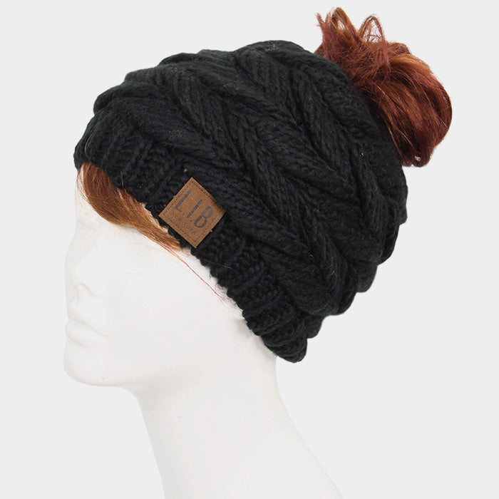 HATEGORY Knit Messy Bun Beanie Hat