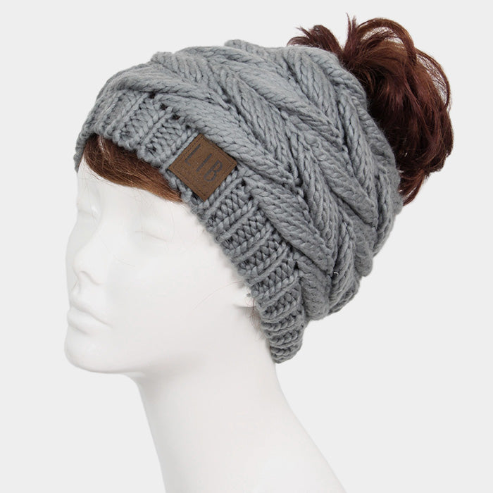 HATEGORY Knit Messy Bun Beanie Hat