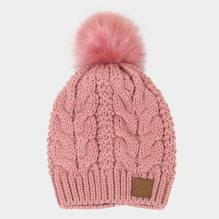 HATEGORY Cable Knit Pom Pom Beanie Hat