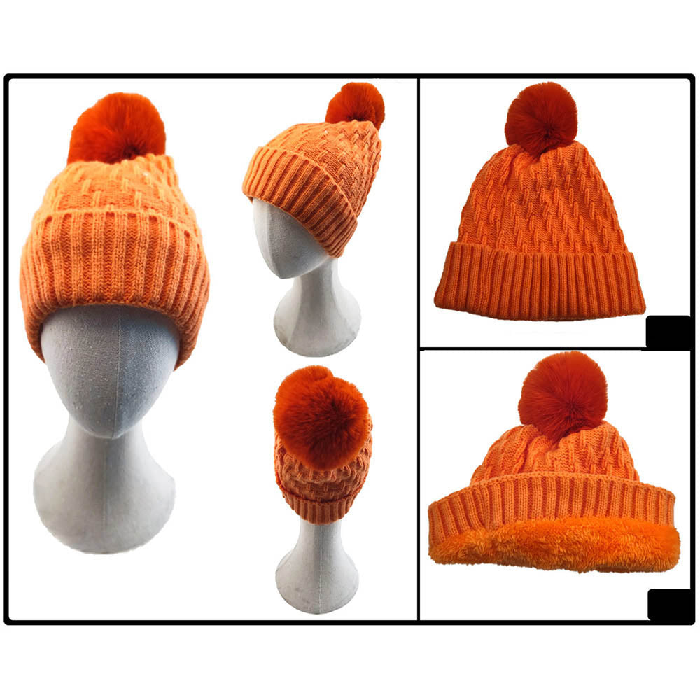 HATEGORY Fleece Lining Solid Knit Faux Fur Pom Pom Beanie Hat