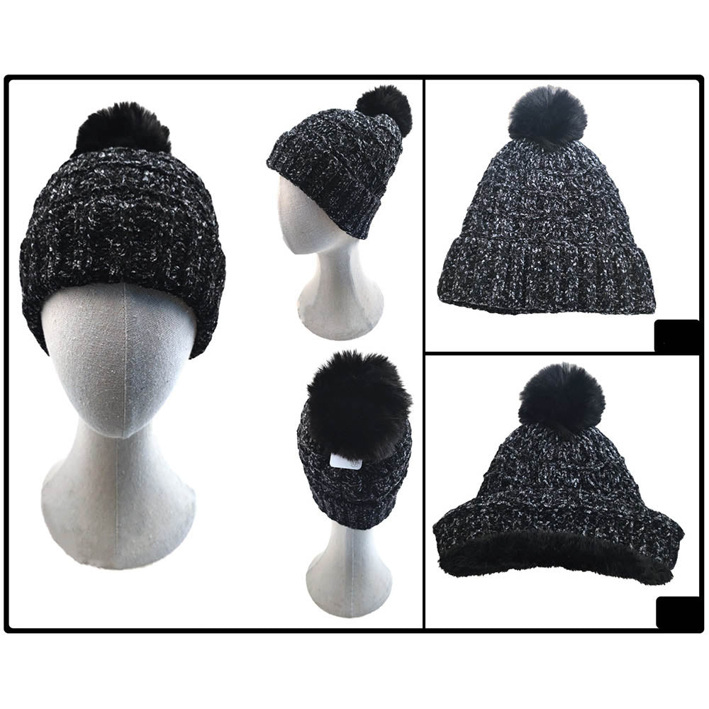 HATEGORY Fleece Lining Mixed Color Knit Faux Fur Pom Pom Beanie Hat
