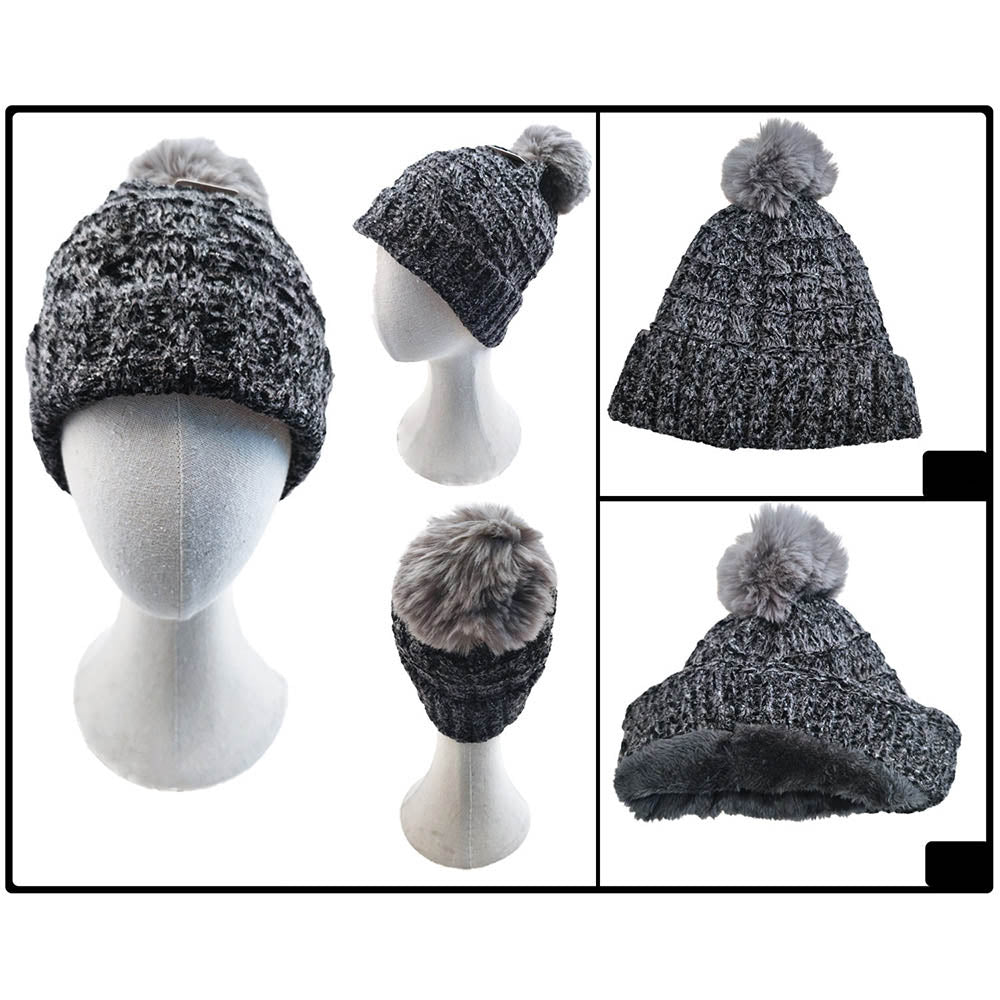 HATEGORY Fleece Lining Mixed Color Knit Faux Fur Pom Pom Beanie Hat