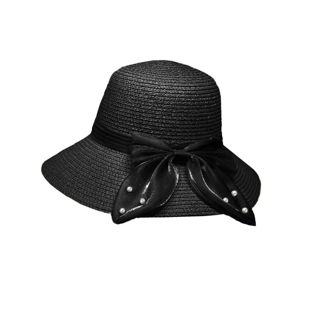 HATEGORY Pearl Pointed Bow Band Straw Sun Hat