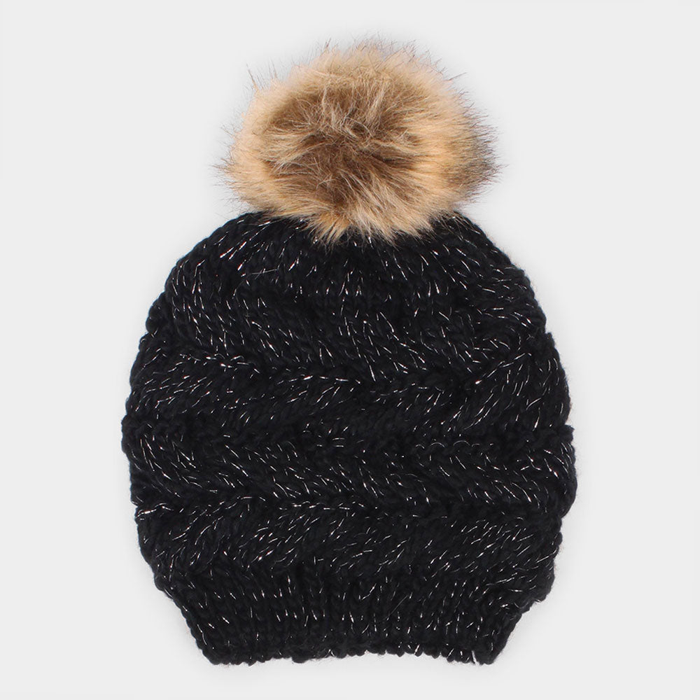 HATEGORY Lurex Knit Pom Pom Beanie Hat