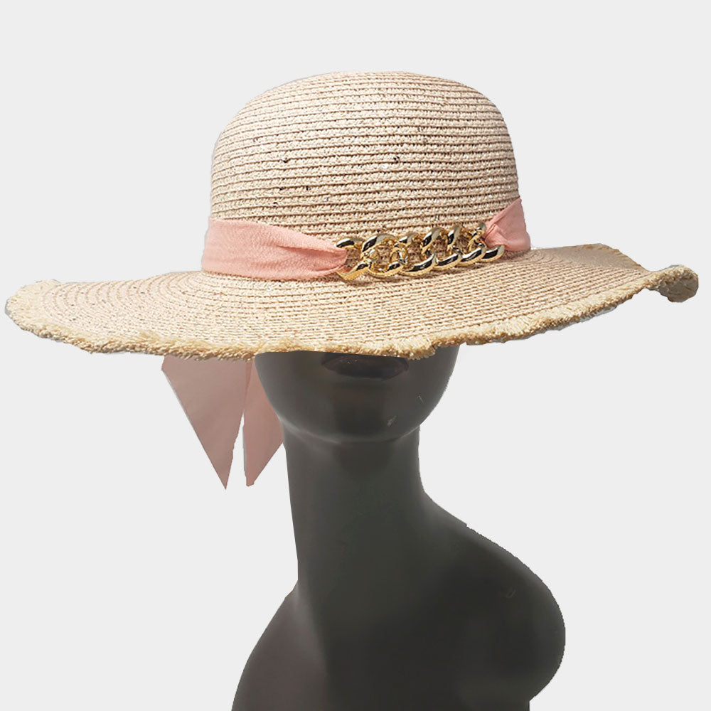 HATEGORY Metal Chain Accented Frayed Straw Sun Hat