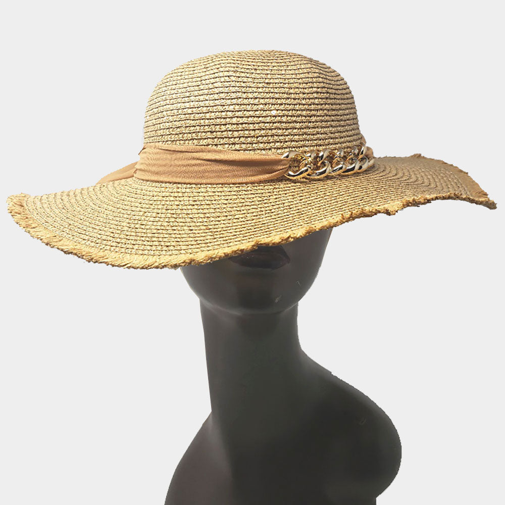 HATEGORY Metal Chain Accented Frayed Straw Sun Hat