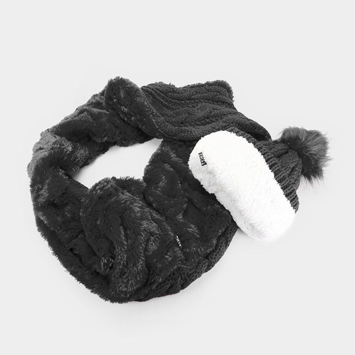 HATEGORY 2PCS Cable Knit Infinity Scarf Pom Pom Beanie Hat Set