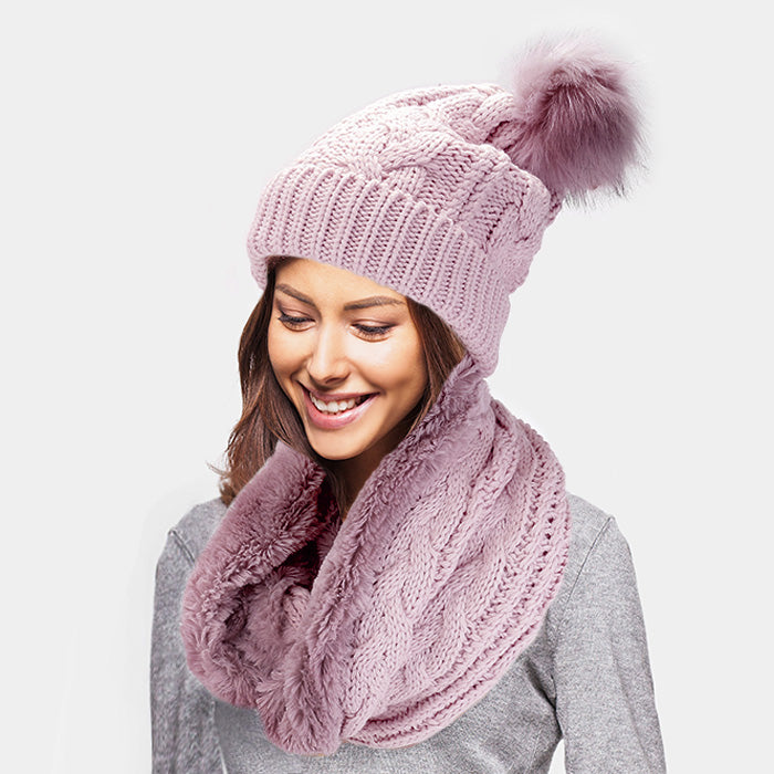 HATEGORY 2PCS Cable Knit Infinity Scarf Pom Pom Beanie Hat Set