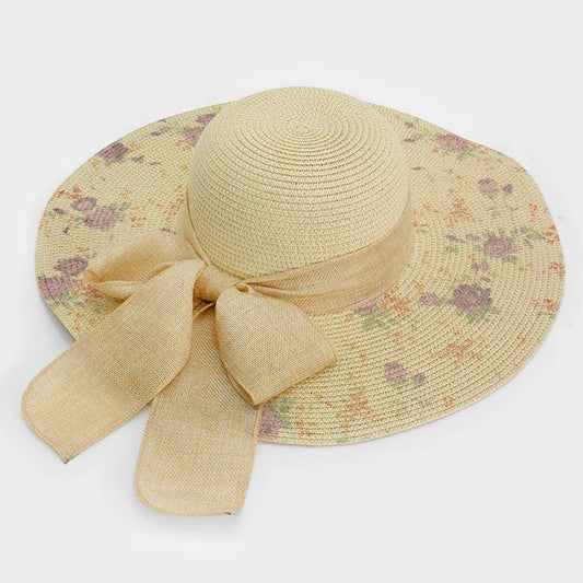 HATEGORY VINTAGE FLORAL BOW TRIM WIDE BRIM SUN HAT
