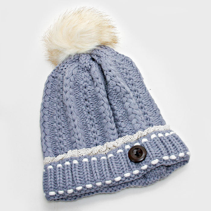 HATEGORY Button Accented Winter Knit Pom Pom Beanie Hat