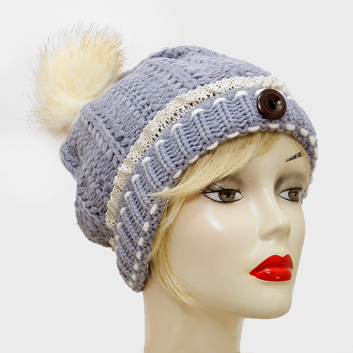 HATEGORY Button Accented Winter Knit Pom Pom Beanie Hat