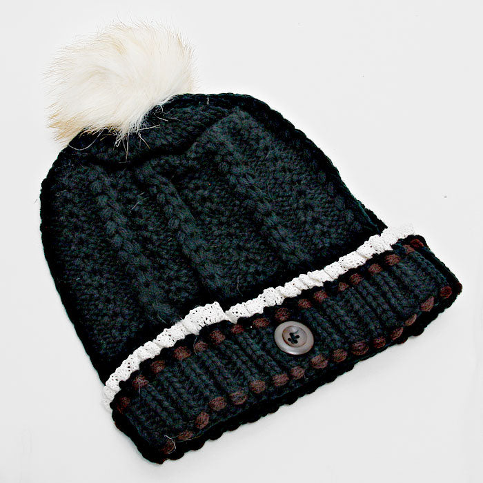 HATEGORY Button Accented Winter Knit Pom Pom Beanie Hat