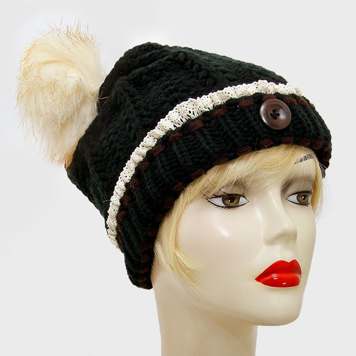HATEGORY Button Accented Winter Knit Pom Pom Beanie Hat