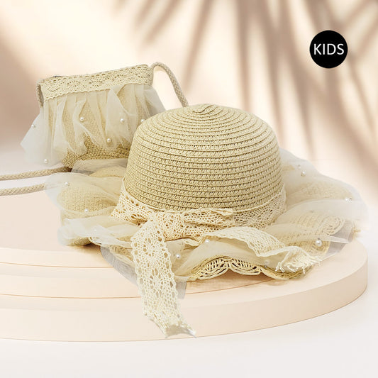 HATEGORY 2PCS - Pearl Embellished Straw Kids Sun Hat Crossbody Bag Set