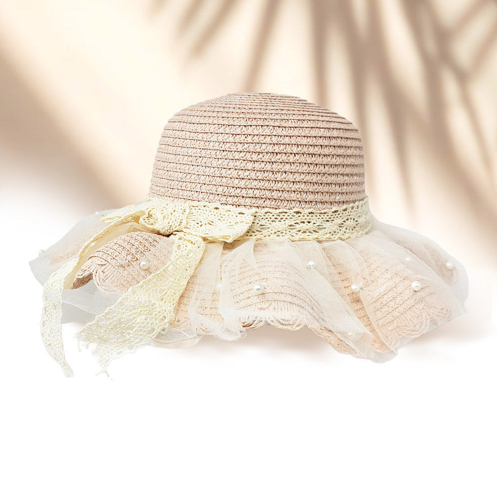 HATEGORY 2PCS - Pearl Embellished Straw Kids Sun Hat Crossbody Bag Set