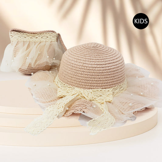HATEGORY 2PCS - Pearl Embellished Straw Kids Sun Hat Crossbody Bag Set