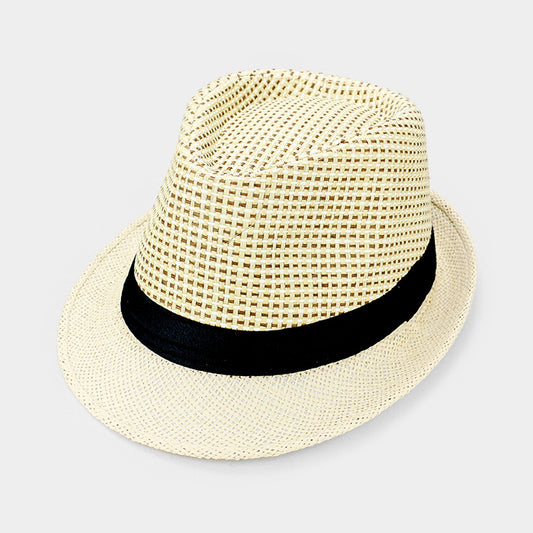 HATEGORY Black Ribbon Trim Straw Fedora Hat