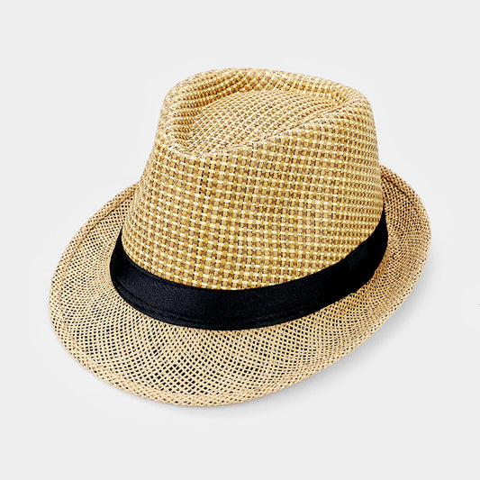 HATEGORY Black Ribbon Trim Straw Fedora Hat