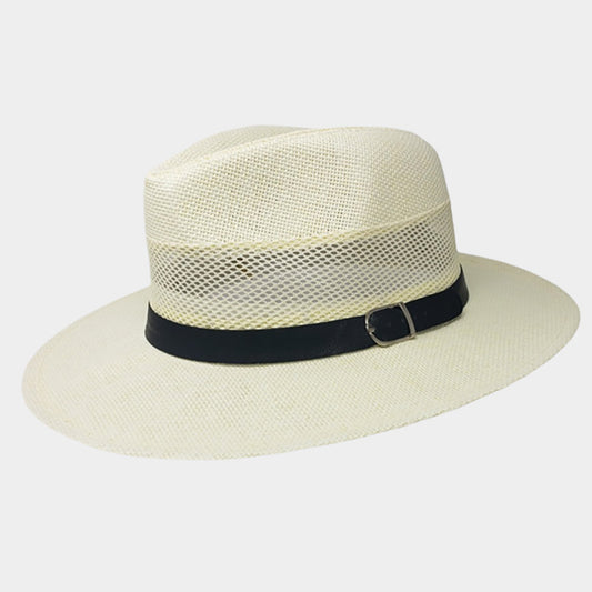 HATEGORY Buckle Faux Leather Band Accented Cut Out Panama Sun Hat