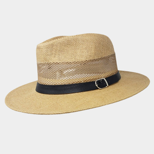 HATEGORY Buckle Faux Leather Band Accented Cut Out Panama Sun Hat