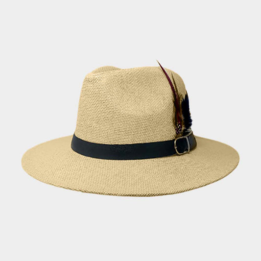 HATEGORY Feather Faux Leather Band Accented Panama Sun Hat