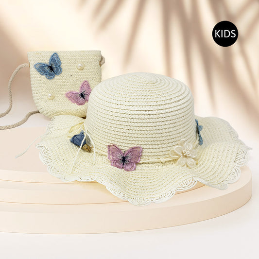 HATEGORY 2PCS - Butterfly Pearl Accented Straw Kids Sun Hat Crossbody Bag Set