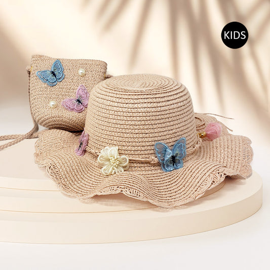 HATEGORY 2PCS - Butterfly Pearl Accented Straw Kids Sun Hat Crossbody Bag Set
