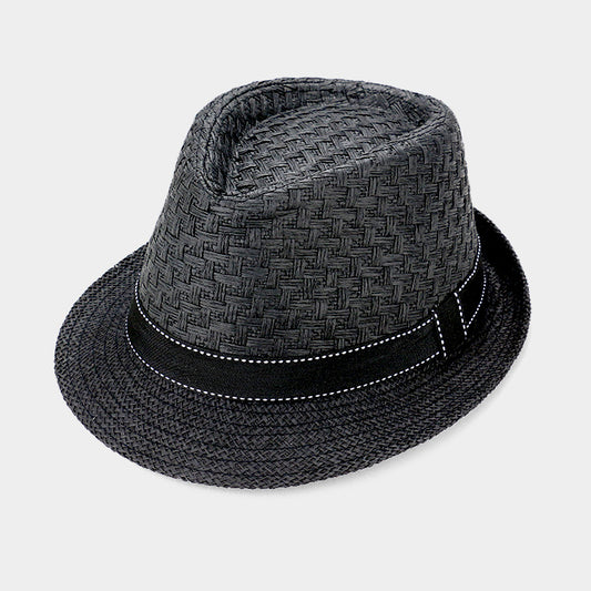 HATEGORY Stitch Ribbon Trim Straw Fedora Hat