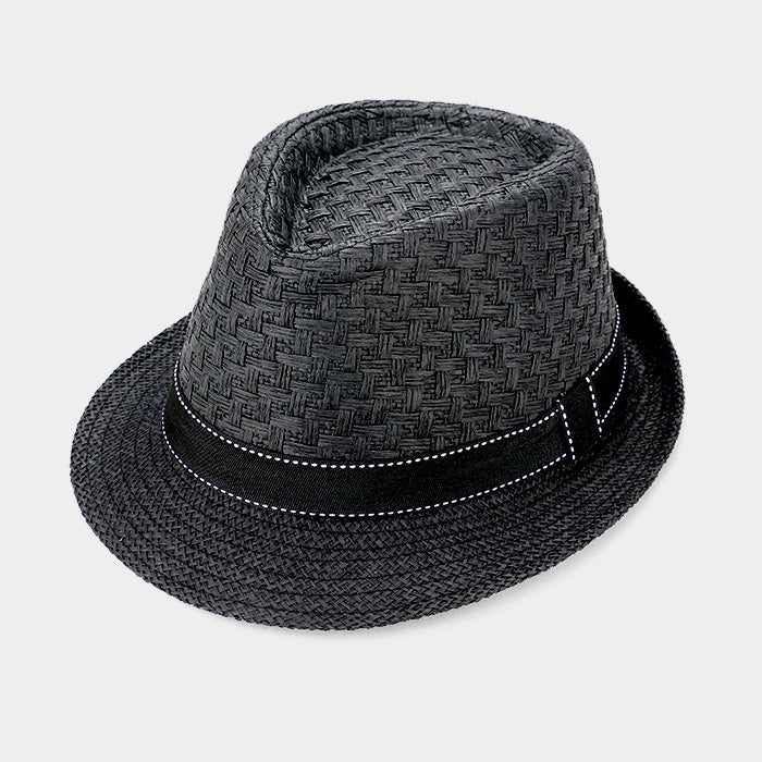 HATEGORY Stitch Ribbon Trim Straw Fedora Hat