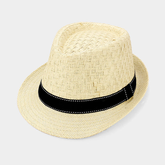 HATEGORY Stitch Ribbon Trim Straw Fedora Hat