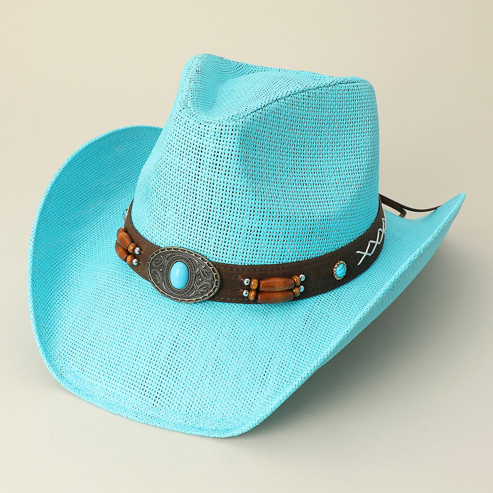 HATEGORY Turquoise Stone Pointed Wooden Beaded Band Western Straw Cowboy Fedora Hat
