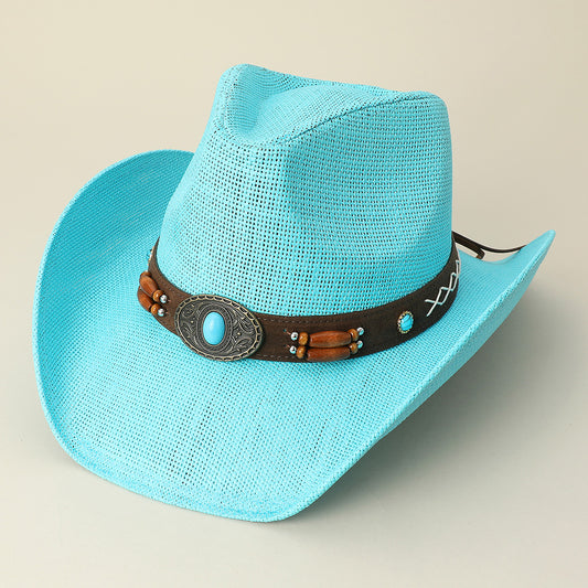 HATEGORY Turquoise Stone Pointed Wooden Beaded Band Western Straw Cowboy Fedora Hat