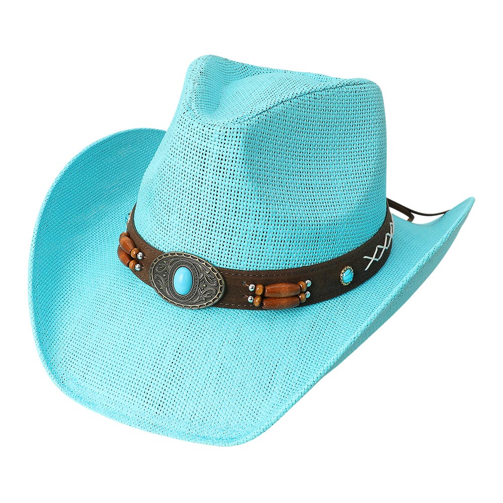 HATEGORY Turquoise Stone Pointed Wooden Beaded Band Western Straw Cowboy Fedora Hat