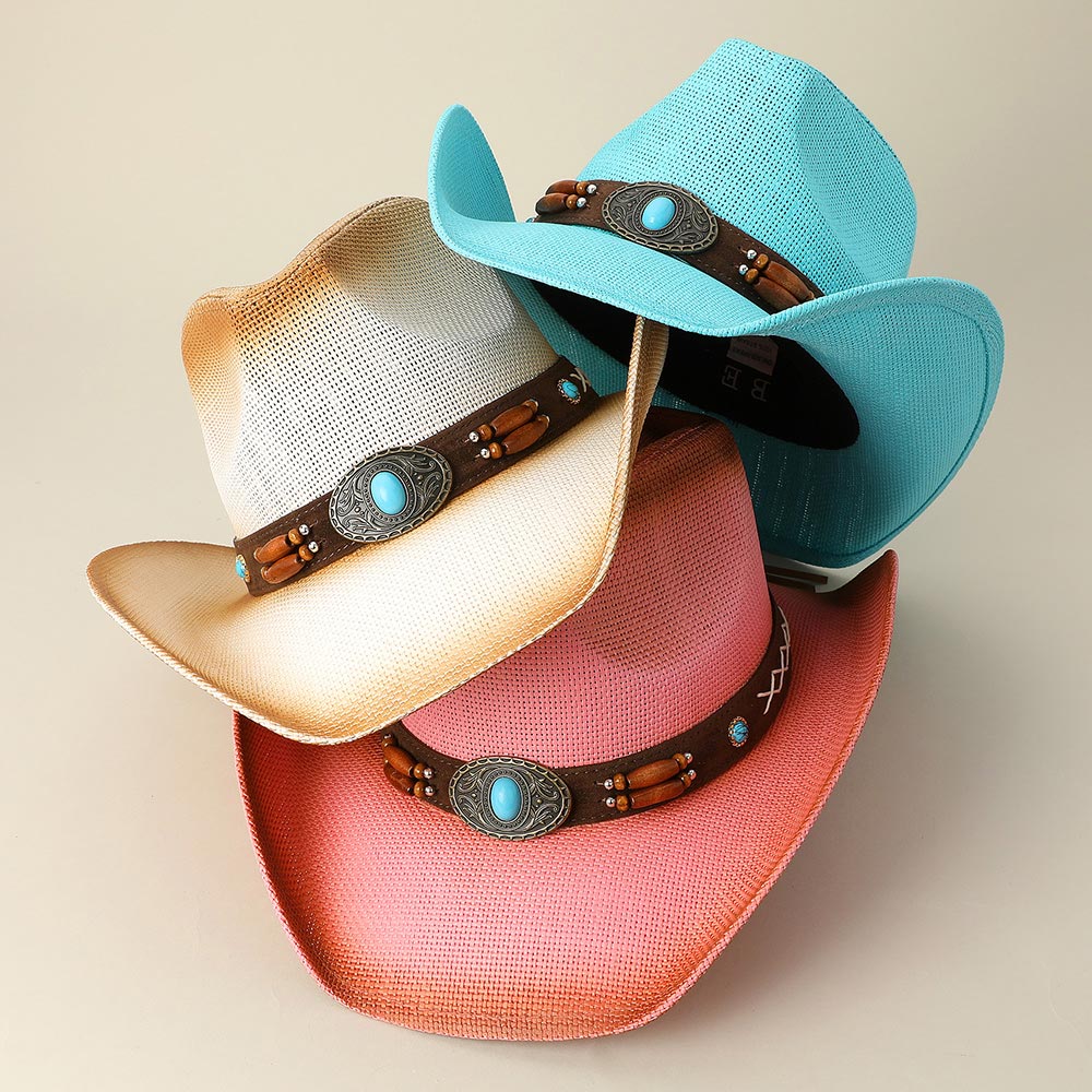 HATEGORY Turquoise Stone Pointed Wooden Beaded Band Western Straw Cowboy Fedora Hat