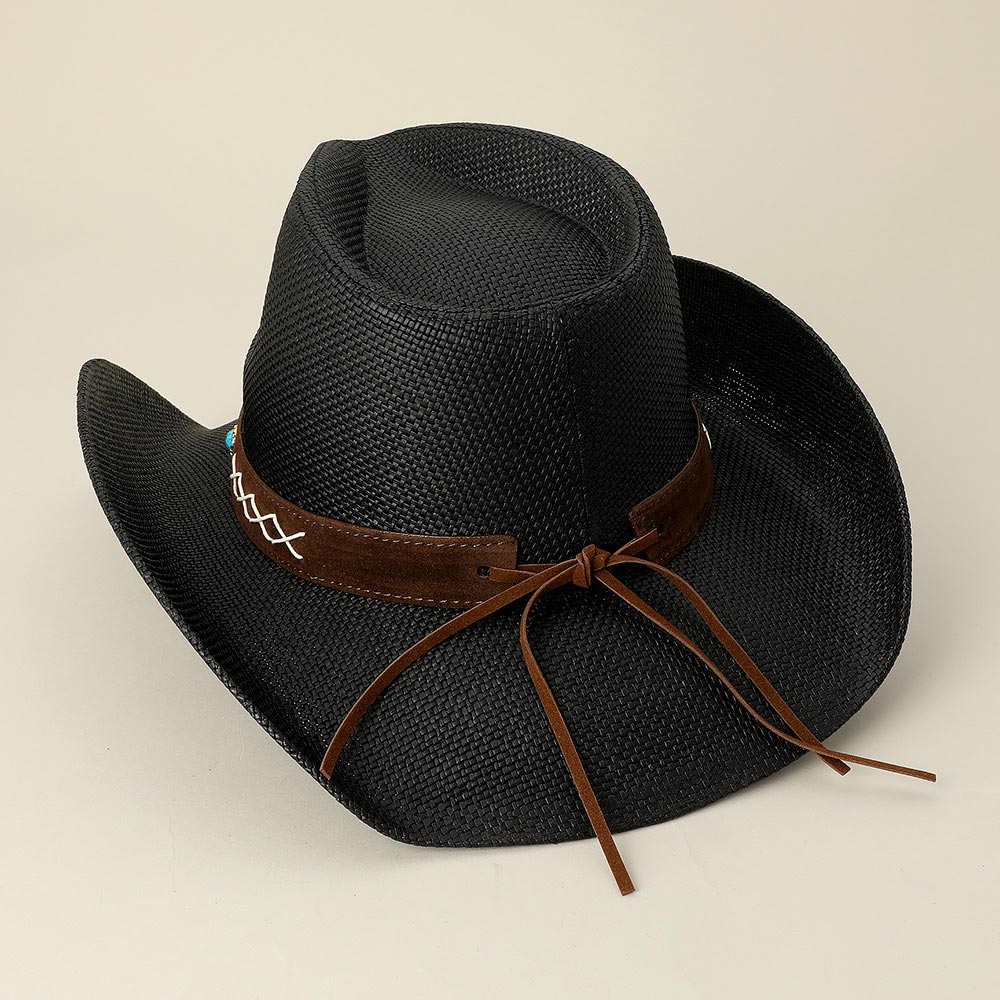 HATEGORY Turquoise Stone Pointed Wooden Beaded Band Western Straw Cowboy Fedora Hat