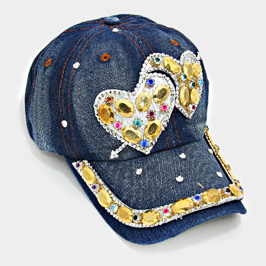 HATEGORY Crystal studded heart denim baseball cap